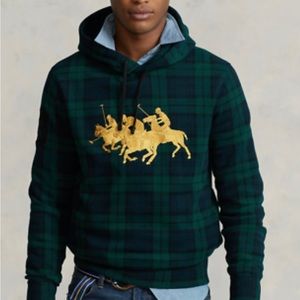 POLO RALPH LAUREN Green Tartan Plaid Gold Triple-Pony Fleece Hoodie (S, M)